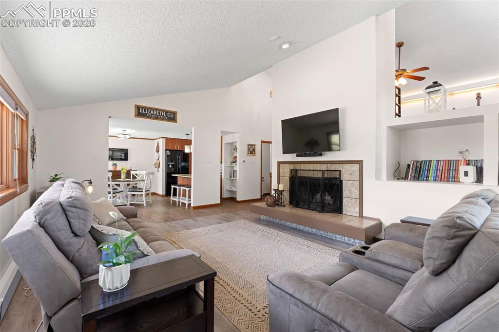1851 Buttercup Road Elizabeth, CO 80107 - Photo 7 of 47 a living room with furniture a flat screen tv and a fireplace