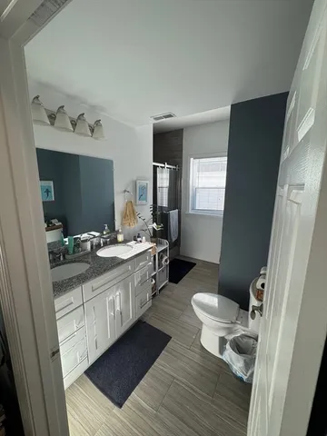 a bathroom with a double vanity sink toilet a mirror and shower