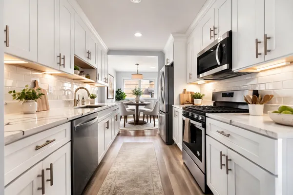 a kitchen with stainless steel appliances granite countertop lots of counter space a sink and cabinets
