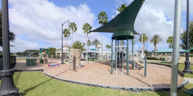 an outdoor space with seating