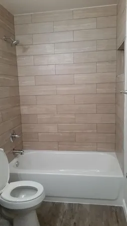 a bathroom with a toilet and a bathtub