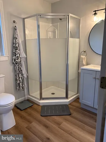 a bathroom with a shower a toilet and a mirror