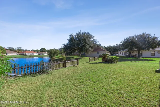 a garden view with a seating space