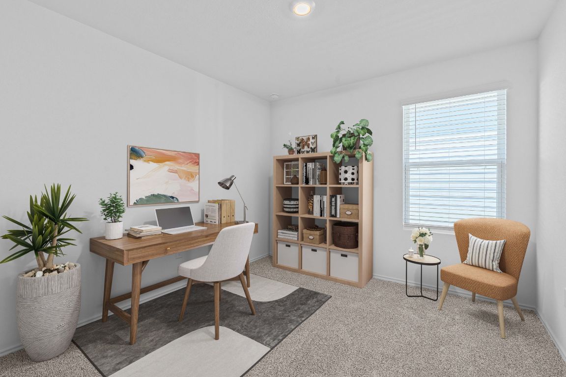 13309 Mancos Shale Road Mustang Ridge, TX 78610 - Photo 8 of 19 Office area featuring light carpet and recessed lighting