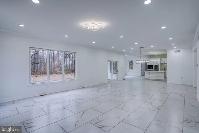 a view of empty room with kitchen and fireplace