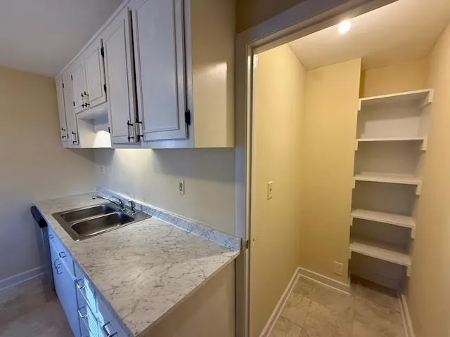 a kitchen with a sink and cabinets
