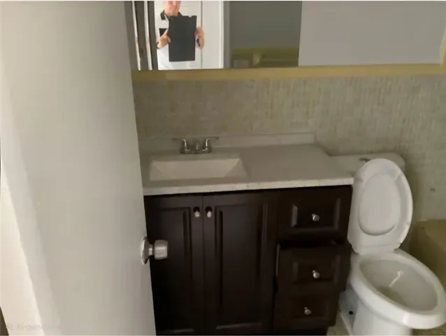 a bathroom with a granite countertop toilet and a sink