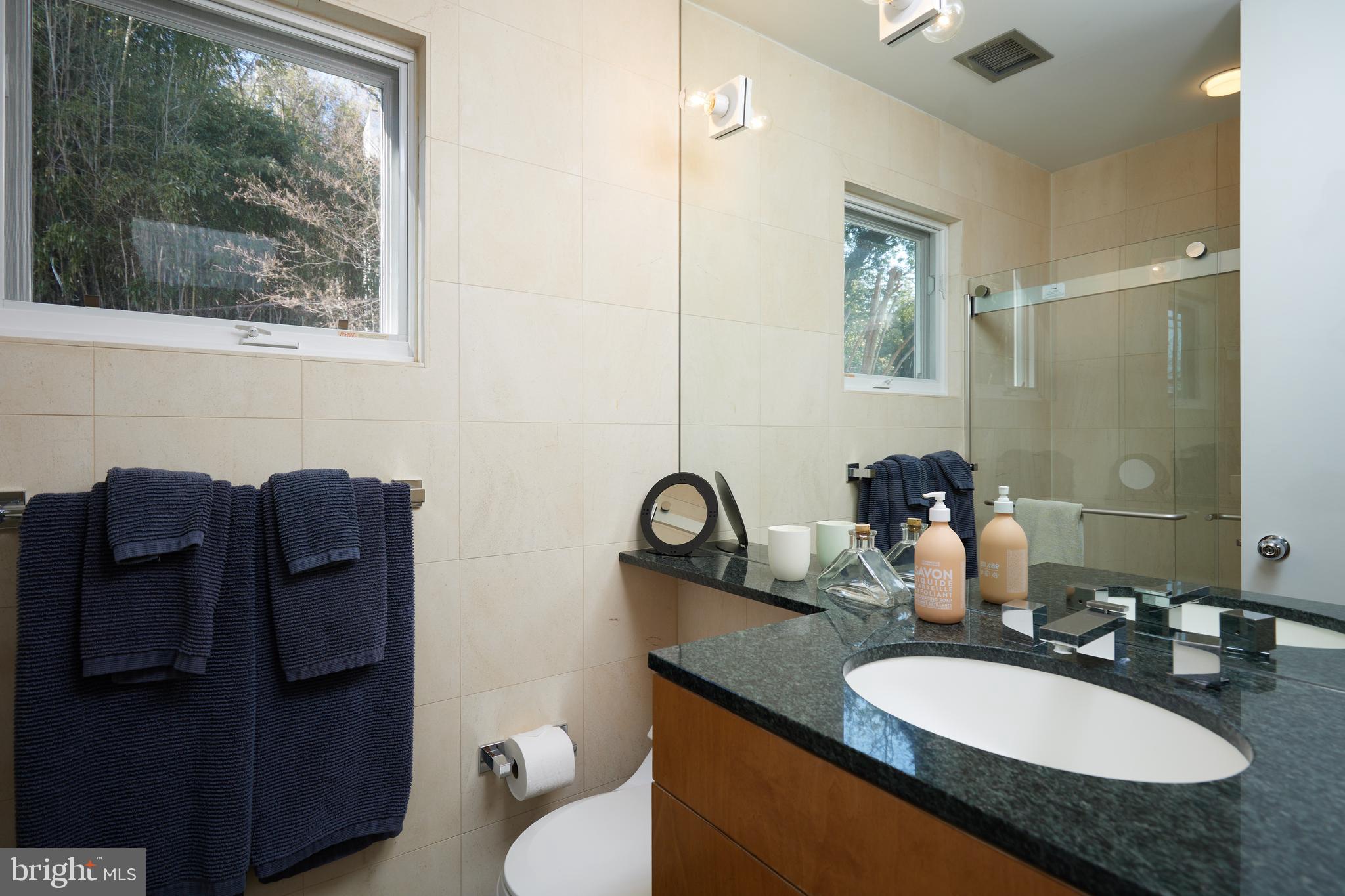4527 Q Place Northwest Washington, DC 20007 - Photo 48 of 59 a bathroom with a granite countertop sink and a mirror