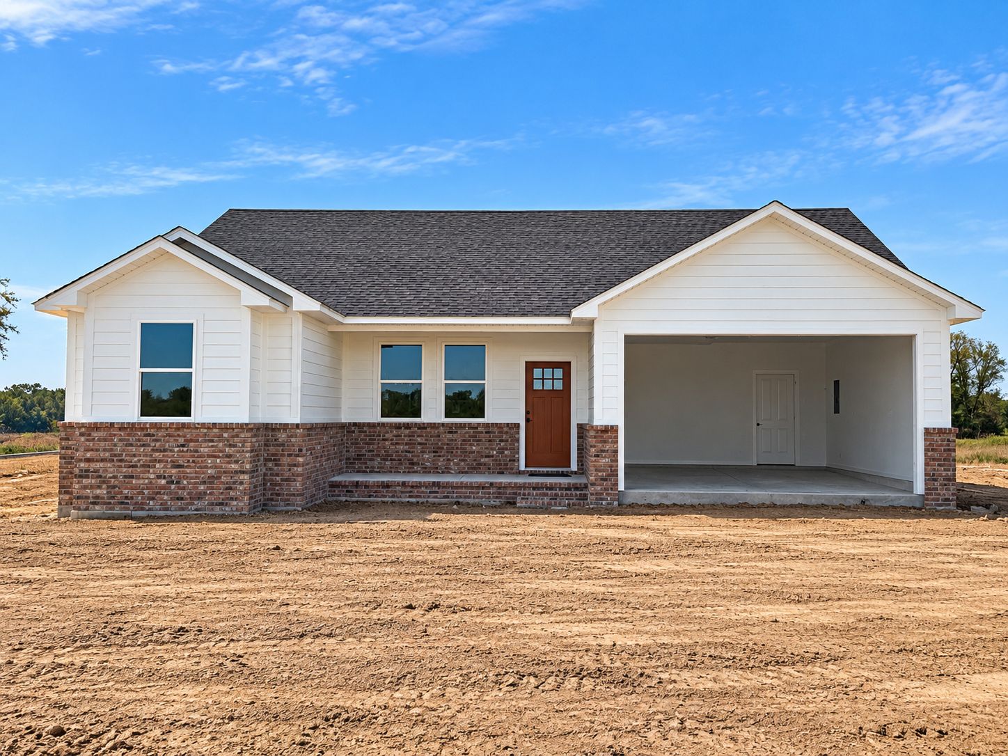133 Countryside Way Pocola, OK 74902 - Photo 1 of 1 Single-story residence featuring white siding, brick foundation, dark shingle roof, and a covered carport with a concrete slab