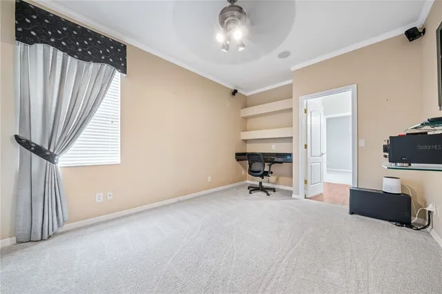 an empty room with windows and a ceiling fan