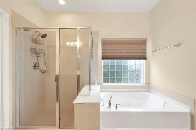 a bathroom with a bathtub and a shower