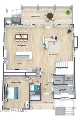 a view of multiple houses with a fountain