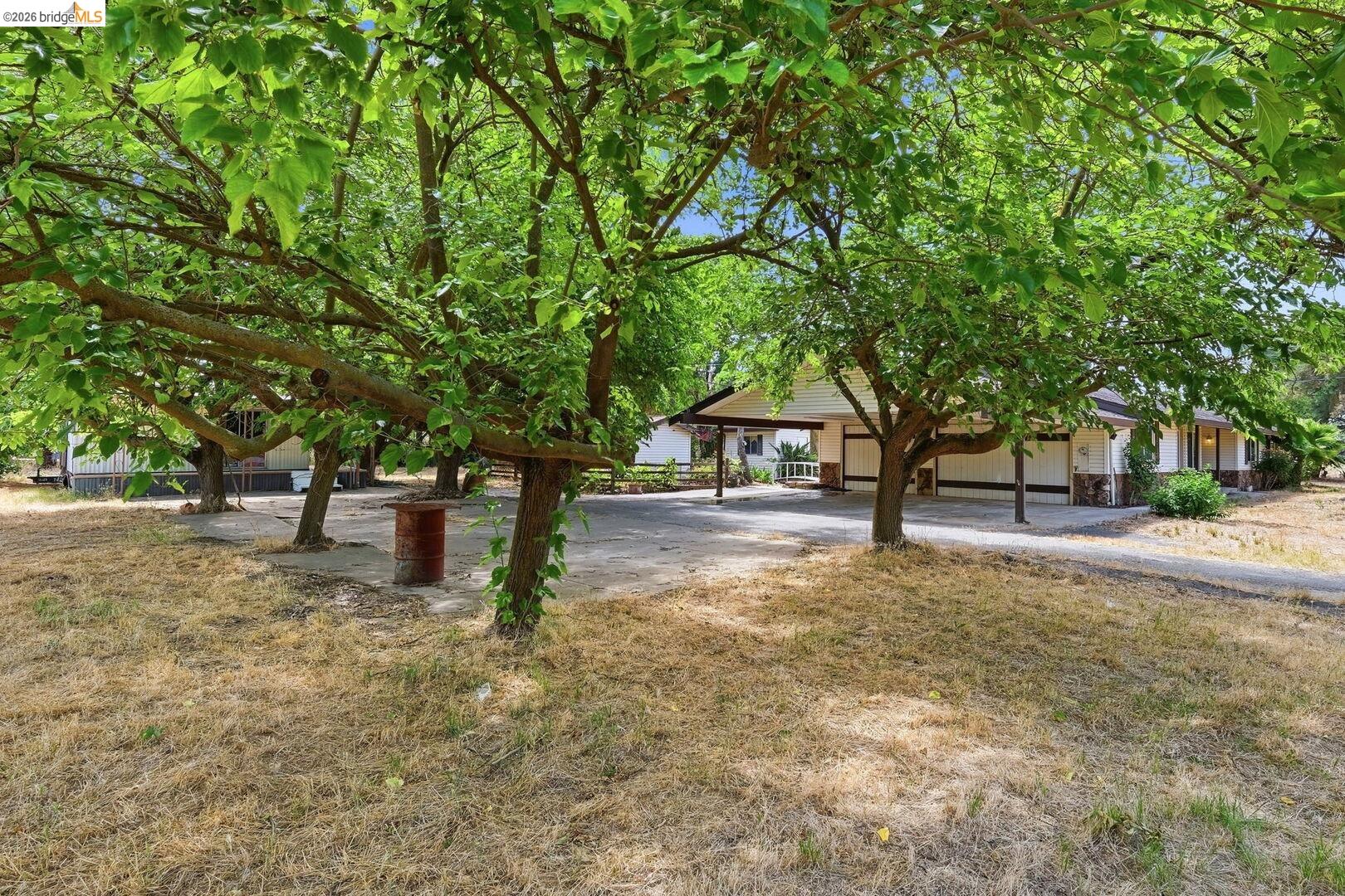 1590 Sunset Road Brentwood, CA 94513 - Photo 38 of 45 Property exterior featuring mature trees, a covered carport with support columns, stone-look accents on the facade, and an expansive paved driveway