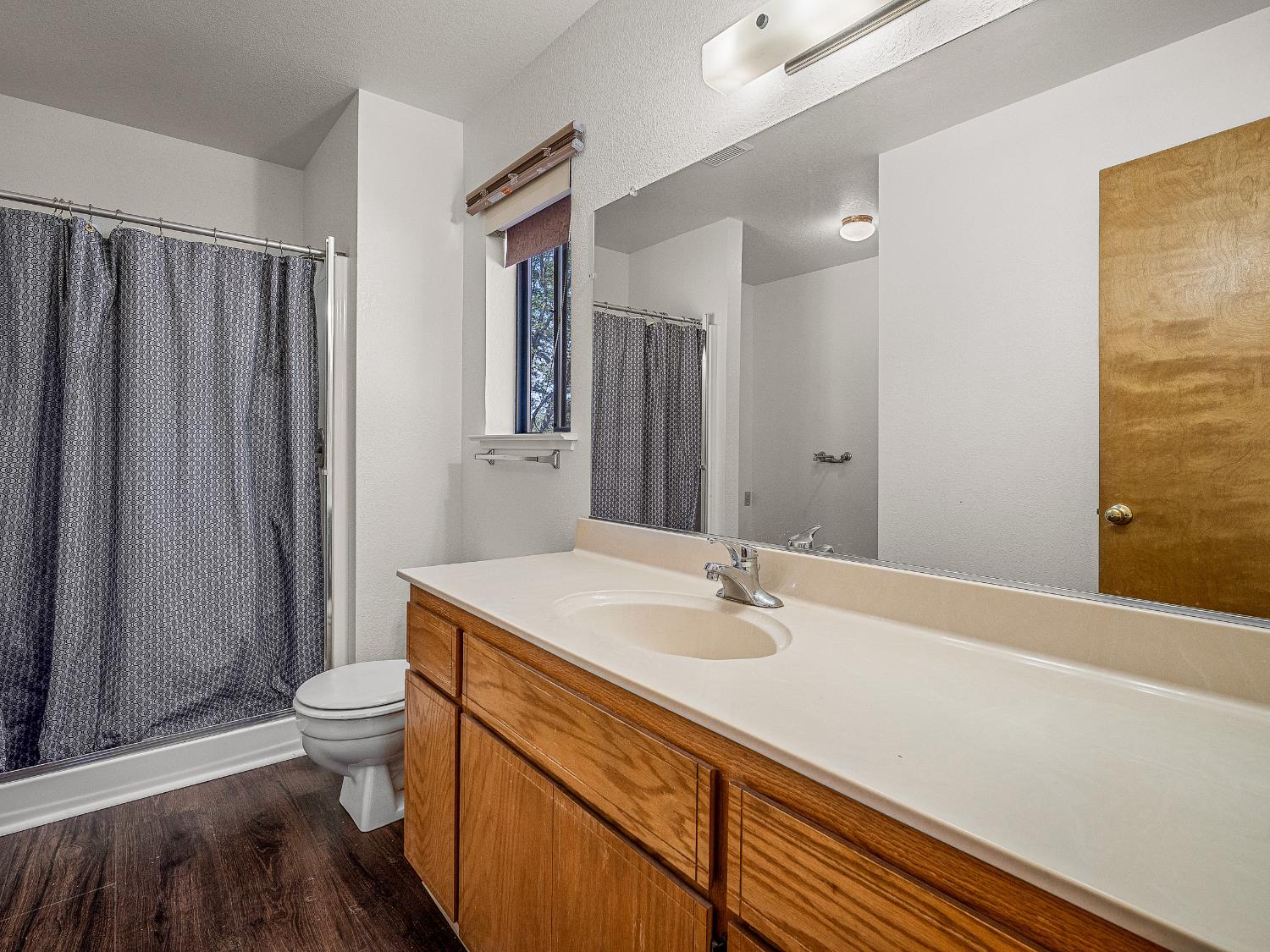 6460 Claim Street Placerville, CA 95667 - Photo 35 of 86 a bathroom with a sink a toilet a mirror and shower curtain