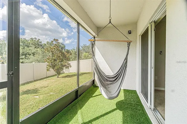a view of swimming pool from a window