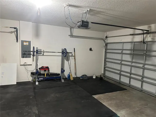 a view of a garage with storage