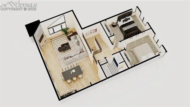 a view of a garden with a tree