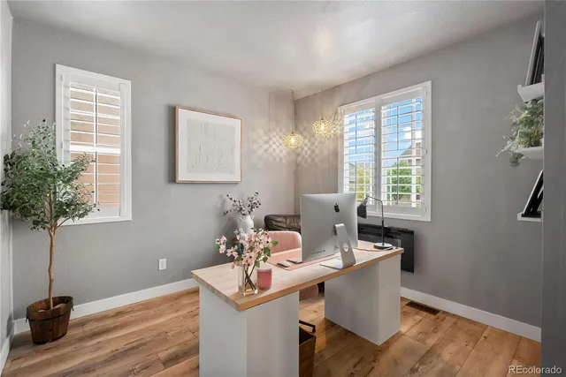 a room with a window wooden floor and potted plant