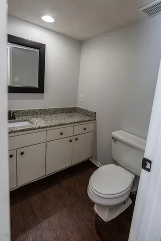 a bathroom with a toilet a sink and mirror