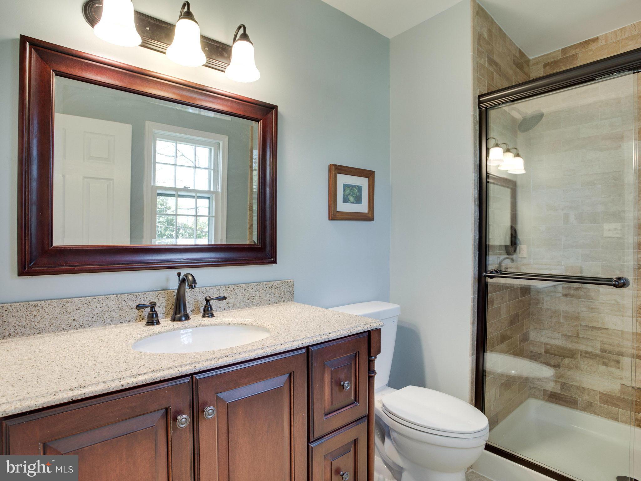 8231 Crown Court Road Alexandria, VA 22308 - Photo 19 of 30 a bathroom with a granite countertop sink toilet a mirror and shower