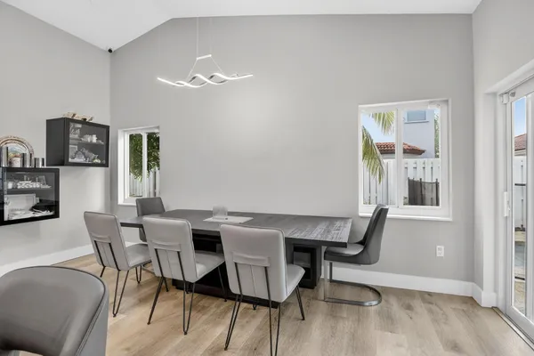 a view of a dining room with furniture and wooden floor