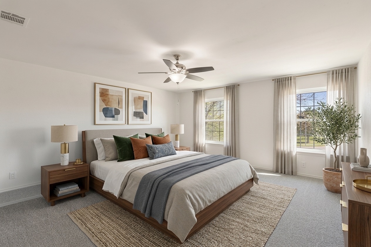 1011 Hayden Way Round Rock, TX 78664 - Photo 10 of 23 a bedroom with a large bed and a chandelier