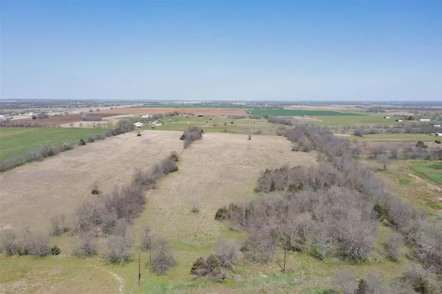 a view of a dry field with trees in the background