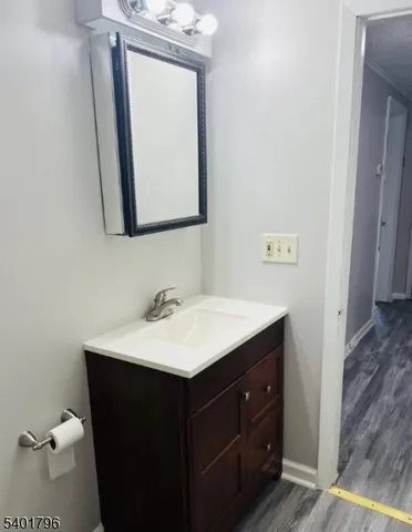 a bathroom with a sink vanity and a mirror