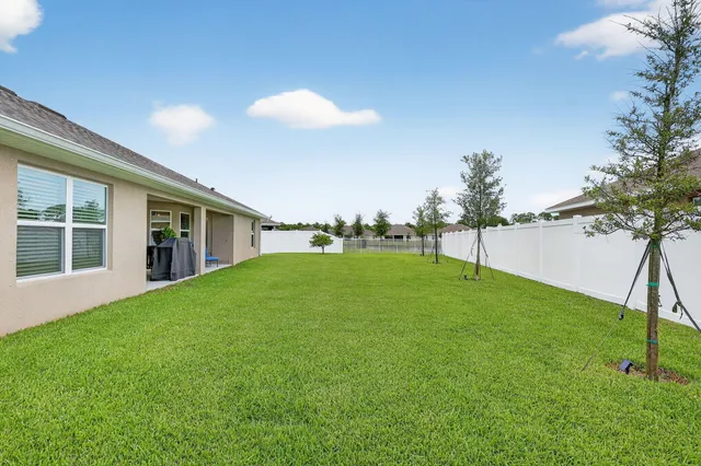 a view of a garden with a large tree