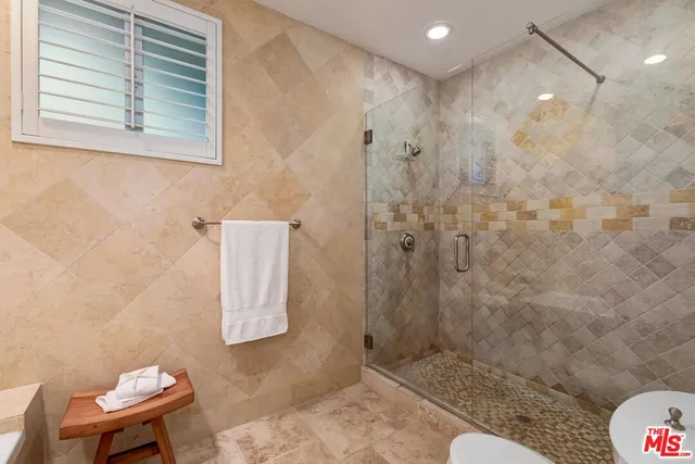 a bathroom with a shower and a toilet