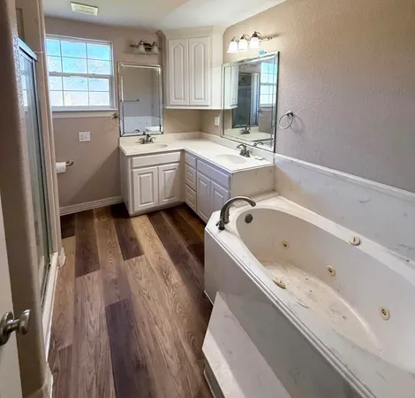 a bathroom with a tub sink and mirror