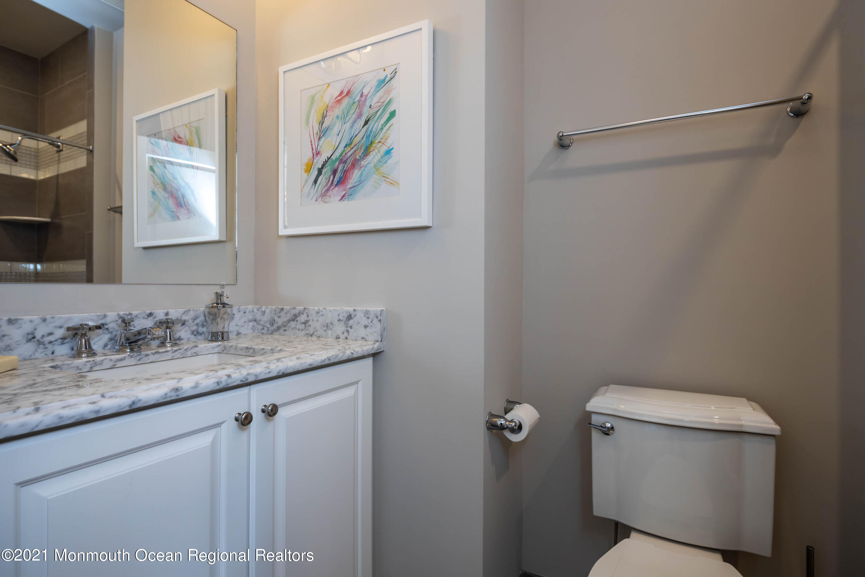 8 Strathmore Road Lincroft, NJ 07738 - Photo 52 of 76 a bathroom with a granite countertop sink a toilet and a shower