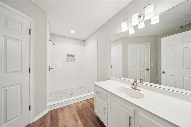 a bathroom with a sink a shower and a mirror