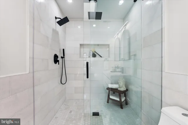 a bathroom with a shower and a toilet