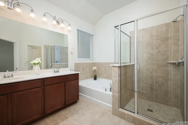 a bathroom with a bath tub sink shower and mirror