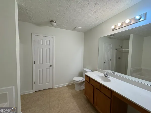 a bathroom with a double vanity sink toilet and a mirror