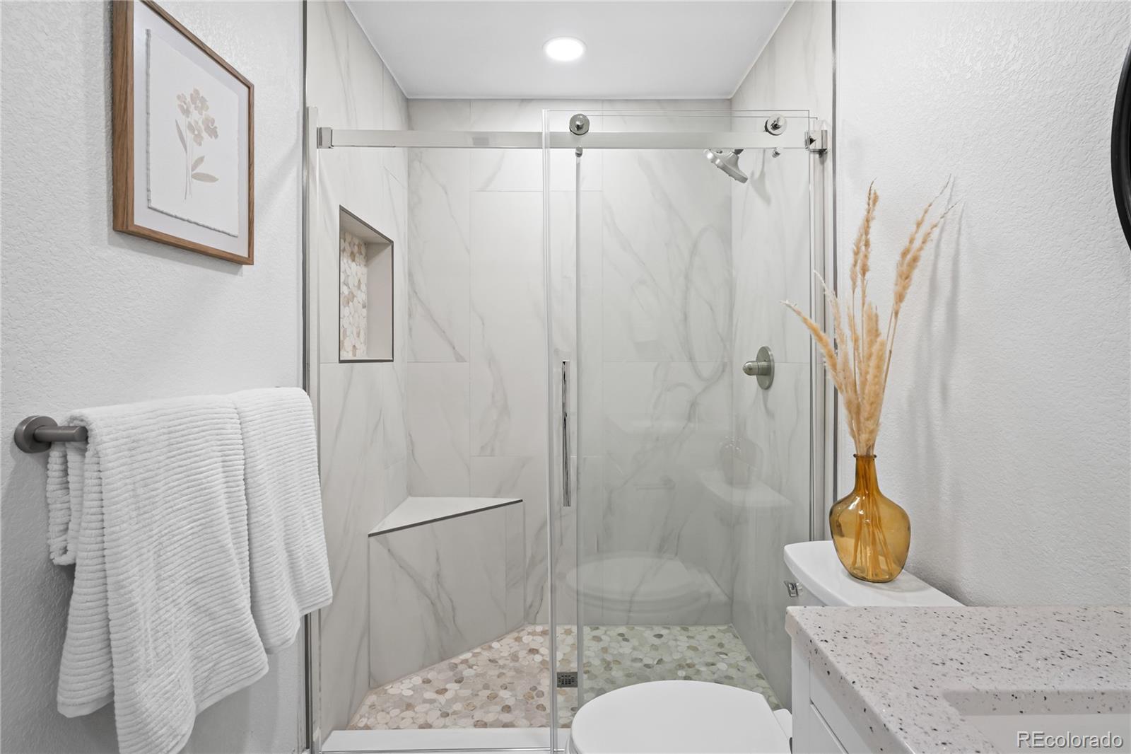 6766 Zenobia Loop Westminster, CO 80030 - Photo 43 of 50 a bathroom with a granite countertop sink a toilet and shower
