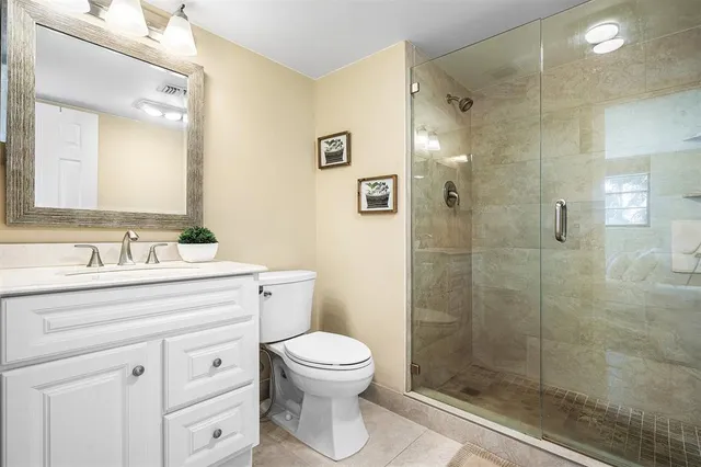 a bathroom with a toilet sink vanity and shower