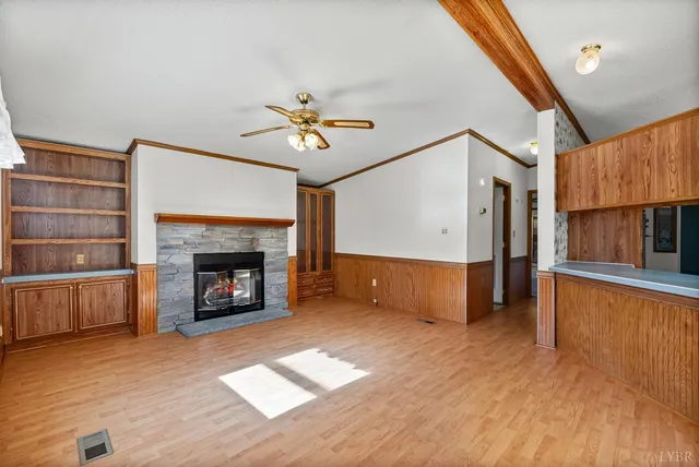a living room with fireplace