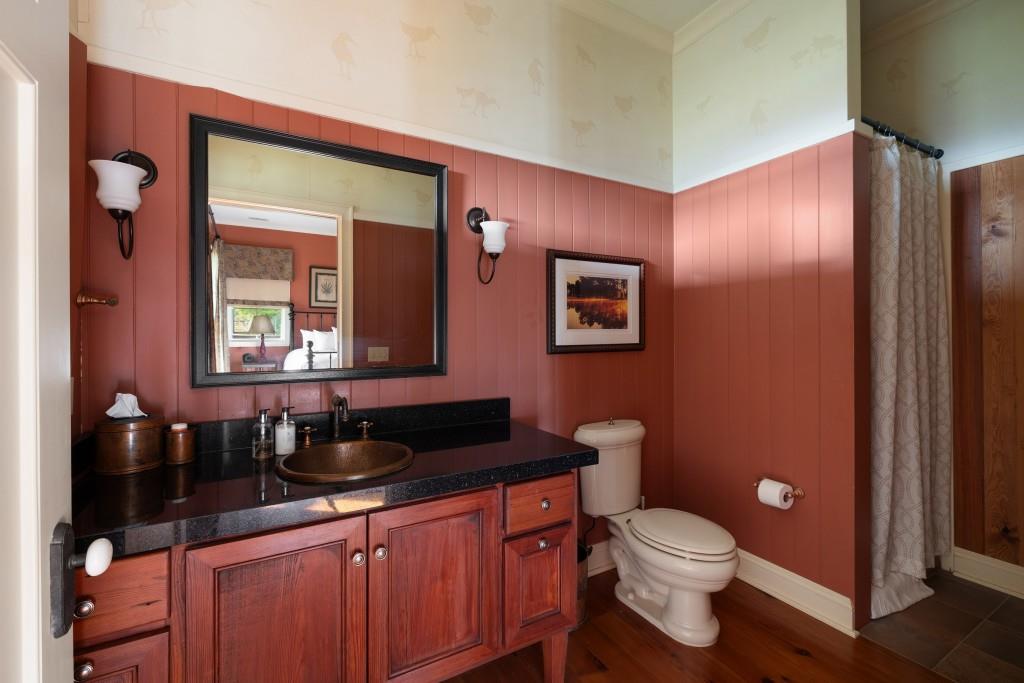 1300 Retreat Road Riceboro, GA 31323 - Photo 27 of 91 a bathroom with a granite countertop sink toilet a mirror a vanity and shower
