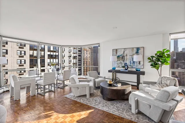 a living room with furniture and a potted plant