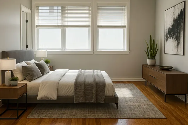 a bedroom with a bed and a window