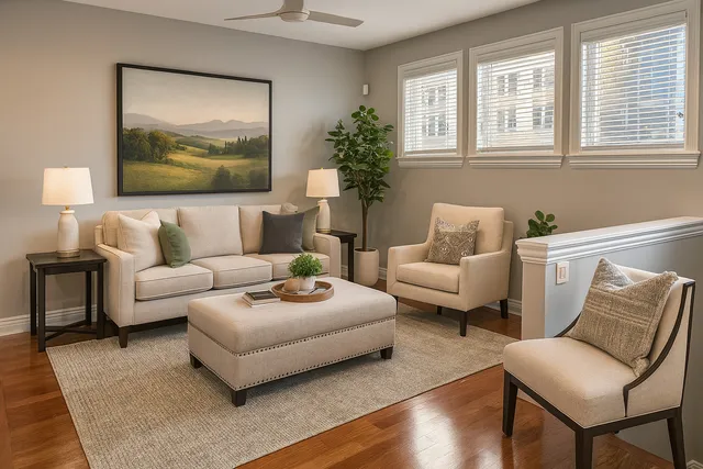 a living room with furniture and a large window