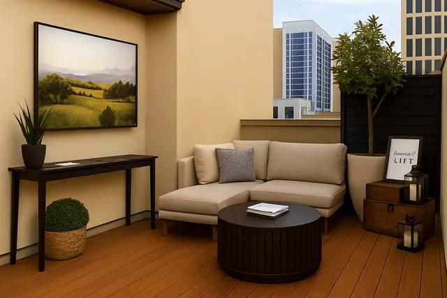 a living room with furniture and a potted plant