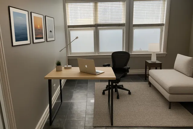 a view of a workspace with furniture and a window
