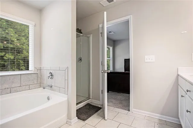 a bathroom with a bathtub and a shower