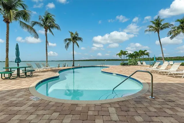 an aerial view of a swimming pool