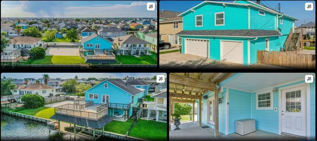 an aerial view of a house with a yard and potted plants