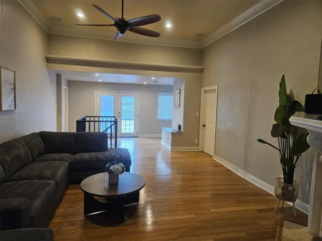 a bedroom with a bed and a table