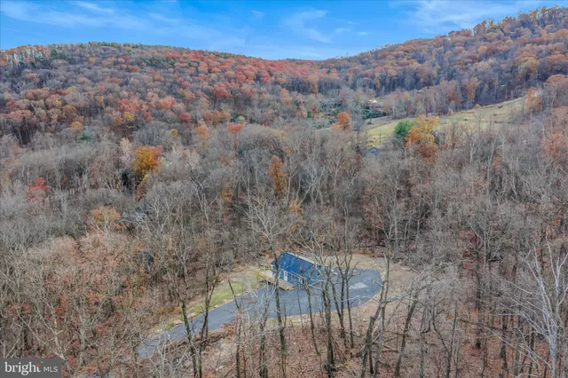 a view of a dry yard with mountains in the background